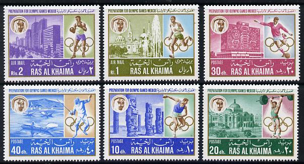 Ras Al Khaima 1967 Mexico Pre-Olympics (Buildings) perf set of 6 unmounted mint Mi 203A-208A , stamps on buildings  olympics  sport    weightlifting    discus    running    boxing   fencing   football