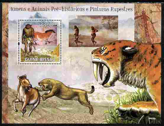 Guinea - Bissau 2009 Pre-Historic Man, Animals & Cave Paintings perf s/sheet unmounted mint Yv 456, stamps on dinosaurs, stamps on arts, stamps on sabre, stamps on tigers