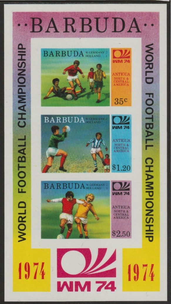 Barbuda 1974 World Cup Football Winners imperf m/sheet (unissued with names of teams) unmounted mint, stamps on football  sport