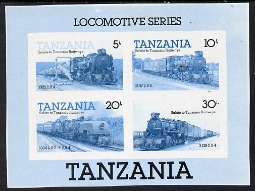 Tanzania 1985 Locomotives unmounted mint imperf colour proof of m/sheet in blue & black only (SG MS 434), stamps on , stamps on  stamps on railways, stamps on big locos