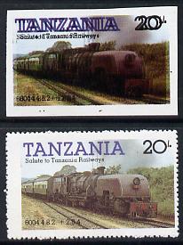 Tanzania 1985 Locomotive 6004 20s value (SG 432) unmounted mint imperf single with entire design doubled plus perf'd normal*, stamps on railways, stamps on big locos