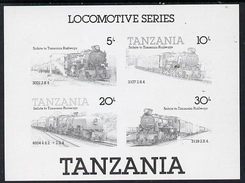 Tanzania 1985 Locomotives unmounted mint imperf colour proof of m/sheet in black only (SG MS 434), stamps on , stamps on  stamps on railways, stamps on big locos