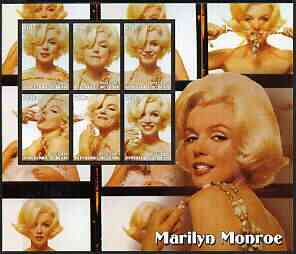 Benin 2003 Marilyn Monroe large perf sheet containing 6 values, unmounted mint, stamps on personalities, stamps on entertainments, stamps on films, stamps on cinema, stamps on marilyn monroe