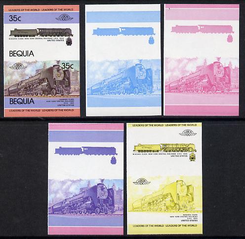 St Vincent - Bequia 1984 Locomotives #1 (Leaders of the World) 35c (4-8-4 New York Central Niagara Class) set of 5 imperf se-tenant progressive proof pairs comprising two..., stamps on railways