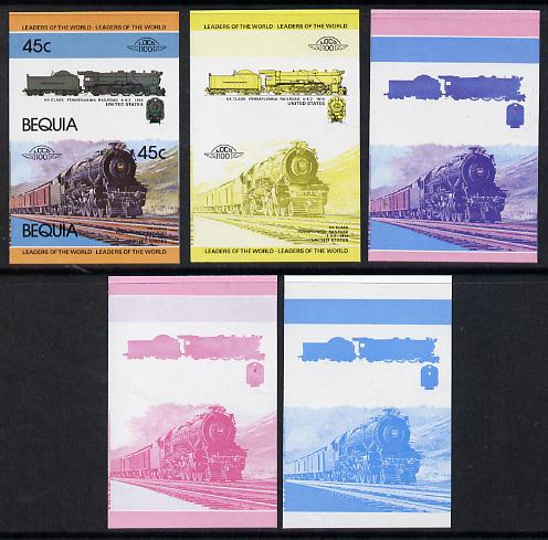 St Vincent - Bequia 1984 Locomotives #1 (Leaders of the World) 45c (4-6-2 Pennsylvania Railroad K4 Class) set of 5 imperf se-tenant progressive proof pairs comprising two..., stamps on railways