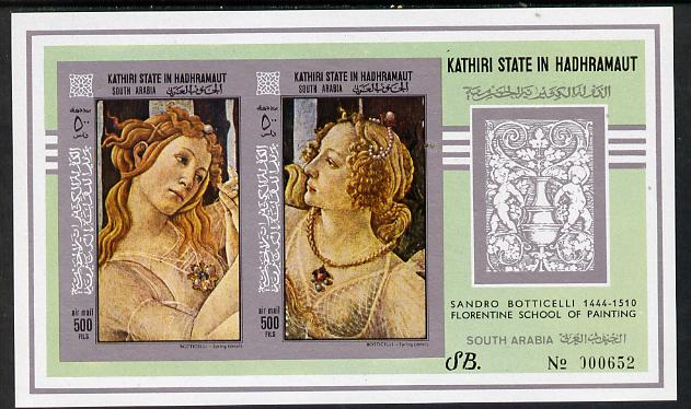 Aden - Kathiri 1967 Botticelli imperforate miniature sheet (Mi BL 18B) unmounted mint, stamps on arts    botticelli