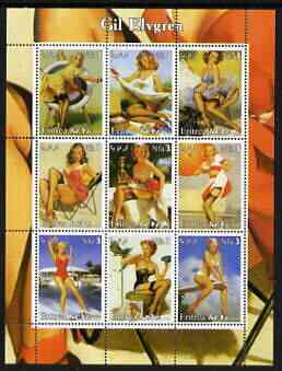 Eritrea 2003 Pin-Up Art of Gil Elvgren perf sheetlet containing set of 9 values unmounted mint, stamps on women, stamps on fashion, stamps on arts, stamps on fantasy