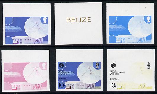 Belize 1983 Communications 10c Belmopan Earth Station x 6 imperf progressive proofs comprising various individual or composite colours unmounted mint, stamps on communications  science