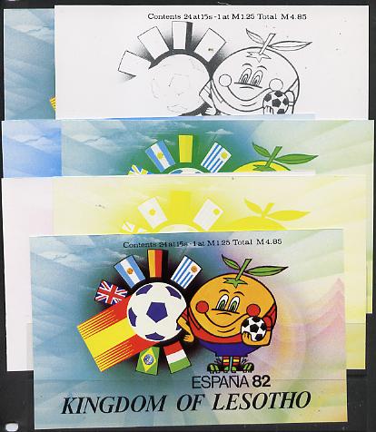 Lesotho 1982 World Cup Football booklet x 7 progressive proofs of front cover comprising various individual or combination composites incl completed design (both sides), stamps on football, stamps on sport
