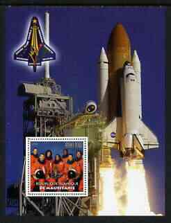 Mauritania 2003 Tribute to Space Shuttle Columbia #2 perf m/sheet (Team on stamp, Shuttle in background) unmounted mint, stamps on space, stamps on shuttle