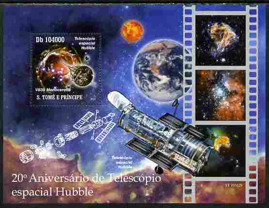 St Thomas & Prince Islands 2010 20th Anniversary of Hubble Telescope perf s/sheet unmounted mint , stamps on personalities, stamps on space, stamps on telescopes, stamps on satellites