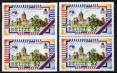 Belize 1984 Ausipex Stamp Exhibition $2 (Exhibition Building) unmounted mint imperf pair plus normal pair, as SG 797, stamps on buildings, stamps on stamp exhibitions