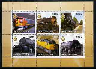 Mauritania 2002 Railway Locos #5 perf sheetlet containing 6 values each with Rotary logo, unmounted mint, stamps on railways, stamps on rotary