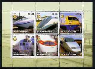 Mauritania 2002 Railway Locos #2 perf sheetlet containing 6 values each with Rotary logo, unmounted mint, stamps on railways, stamps on rotary