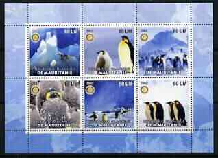 Mauritania 2002 Penguins #2 perf sheetlet containing 6 values each with Rotary logo, unmounted mint, stamps on birds, stamps on penguins, stamps on polar, stamps on rotary