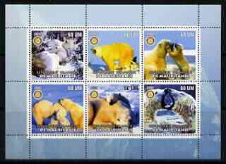Mauritania 2002 Polar Bears #1 perf sheetlet containing 6 values each with Rotary logo, unmounted mint, stamps on bears, stamps on animals, stamps on polar, stamps on rotary