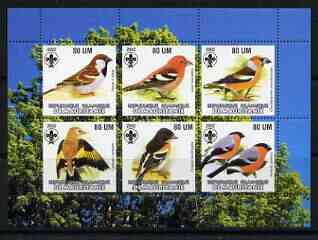 Mauritania 2002 Song Birds perf sheetlet containing 6 values each with Scout logo unmounted mint, stamps on birds, stamps on scouts