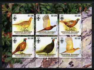 Mauritania 2002 Game Birds perf sheetlet containing 6 values each with Scout logo unmounted mint, stamps on birds, stamps on scouts, stamps on game