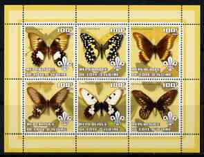 Ivory Coast 2002 Butterflies #1 (yellow border) perf sheetlet containing 6 values each with Scout logo unmounted mint, stamps on , stamps on  stamps on butterflies, stamps on  stamps on scouts