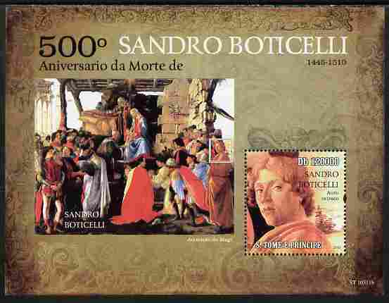 St Thomas & Prince Islands 2010 500th Anniversary of Death of Boticelli perf s/sheet unmounted mint , stamps on personalities, stamps on arts, stamps on botticelli, stamps on venus, stamps on shells, stamps on 