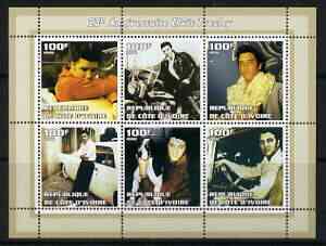 Ivory Coast 2002 Elvis Presley 25th Death Anniversary #1 perf sheetlet containing 6 values unmounted mint, stamps on elvis, stamps on music, stamps on entertainments, stamps on films, stamps on motorbikes