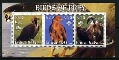 Eritrea 2002 Birds of Prey #1 perf sheetlet containing set of 3 values each with Scouts Logo unmounted mint, stamps on , stamps on  stamps on birds, stamps on  stamps on birds of prey, stamps on  stamps on scouts