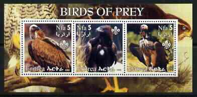 Eritrea 2002 Birds of Prey #2 perf sheetlet containing set of 3 values each with Scouts Logo unmounted mint, stamps on , stamps on  stamps on birds, stamps on  stamps on birds of prey, stamps on  stamps on scouts