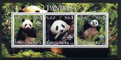 Eritrea 2002 Pandas #1 perf sheetlet containing set of 3 values each with Scouts Logo unmounted mint, stamps on animals, stamps on bears, stamps on pandas, stamps on scouts
