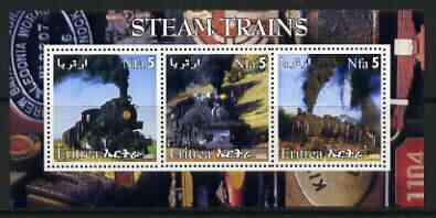 Eritrea 2002 Steam Locos #03 perf sheetlet containing set of 3 values each with Rotary Logo unmounted mint, stamps on railways, stamps on rotary