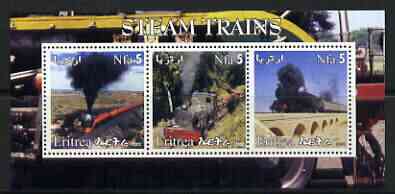 Eritrea 2002 Steam Locos #04 perf sheetlet containing set of 3 values each with Rotary Logo unmounted mint, stamps on railways, stamps on rotary