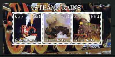 Eritrea 2002 Steam Locos #05 perf sheetlet containing set of 3 values each with Rotary Logo unmounted mint, stamps on , stamps on  stamps on railways, stamps on  stamps on rotary