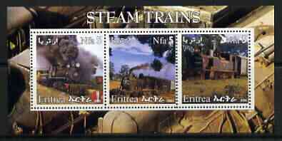 Eritrea 2002 Steam Locos #06 perf sheetlet containing set of 3 values each with Rotary Logo unmounted mint, stamps on railways, stamps on rotary
