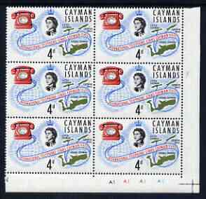 Cayman Islands 1966 International Telephone Links 4d unmounted mint plate block of 6 including R11/5 flaw by second 's' of 'Islands', Shelly V41 (SG 198var), stamps on communications, stamps on telephones
