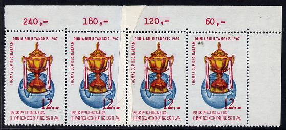 Indonesia 1967 Thomas Badminton Championship 12r strip of 4 with pre printing paper join resulting in double paper variety across centre two stamps unmounted mint SG 1160..., stamps on sport      badminton