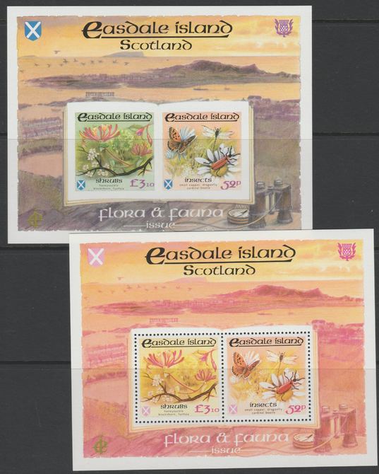 Easdale 1988 Flora & Fauna definitive perf sheetlet containing 52p (Butterfly & Insects) & \A33.10 (Shrubs) unmounted mint with blue colour omitted, plus imperf sheetlet as normal, stamps on butterflies, stamps on flowers, stamps on insects, stamps on dragonflies