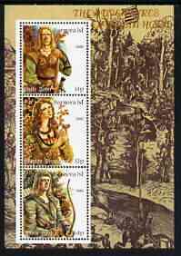 Bernera 2000 The Adventures of Robin Hood #1 perf sheetlet containing 3 values unmounted mint (Shows Little John, Marion & Robin), stamps on history, stamps on heritage, stamps on literature, stamps on archery
