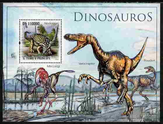 St Thomas & Prince Islands 2010 Dinosaurs perf s/sheet unmounted mint , stamps on dinosaurs