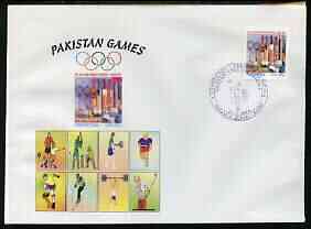 Pakistan 2004 commem cover for Pakistan Games with special illustrated cancellation for Fourth Cricket test - Pakistan v India (cover shows Football, Tennis, Running, Ska..., stamps on sport, stamps on cricket, stamps on football, stamps on tennis, stamps on running, stamps on skate boards, stamps on skiing, stamps on weightlifting, stamps on golf
