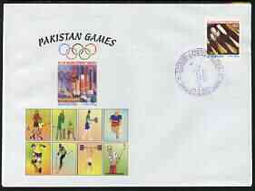 Pakistan 2004 commem cover for Pakistan Games with special illustrated cancellation for Fifth Cricket test - Pakistan v India (cover shows Football, Tennis, Running, Skat..., stamps on sport, stamps on cricket, stamps on football, stamps on tennis, stamps on running, stamps on skate boards, stamps on skiing, stamps on weightlifting, stamps on golf