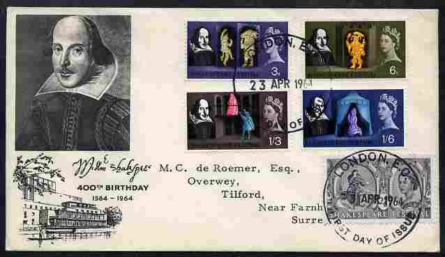 Great Britain 1964 Shakespeare Festival set of 5 (ordinary) on illustrated cover with first day cancels SG 646-508, stamps on literature, stamps on theatre, stamps on shakespeare