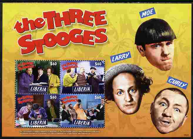 Liberia 2009 The Three Stooges perf sheetlet containing 4 values unmounted mint, stamps on personalities, stamps on films, stamps on cinema, stamps on movies, stamps on comedy