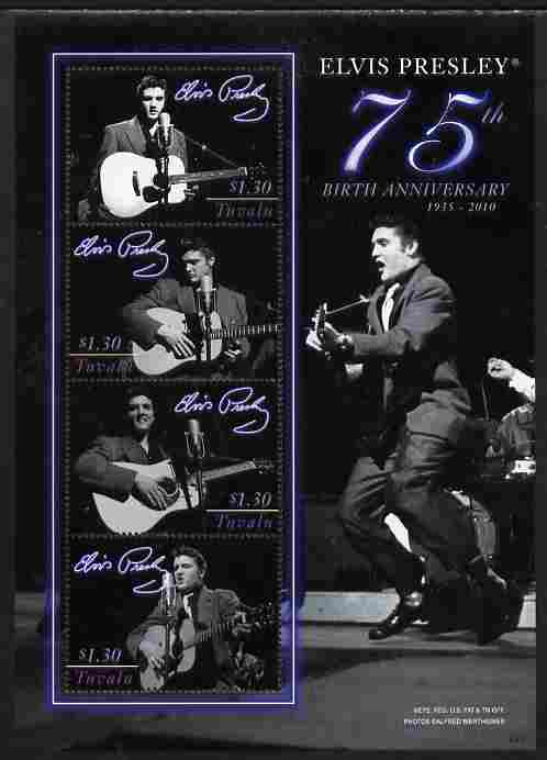 Tuvalu 2010 75th Birthday of Elvis Presley perf sheetlet containing 4 values unmounted mint, stamps on personalities, stamps on elvis, stamps on music, stamps on films, stamps on cinema, stamps on movies, stamps on pops, stamps on rock
