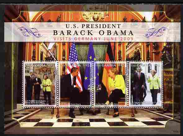 Gambia 2009 Barack Obama visits Germany perf sheetlet containing 4 values unmounted mint, stamps on personalities, stamps on nobel, stamps on peace, stamps on usa presidents, stamps on american, stamps on masonics, stamps on masonry, stamps on obama, stamps on flags