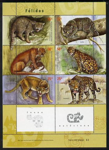 Argentine Republic 2001 Wild Cats perf sheetlet containing 6 values unmounted mint, SG2841-46, stamps on animals, stamps on cats, stamps on jaguars, stamps on pumas, stamps on ocelot