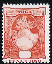 Tonga 1897 Coral (6d) without value  'Maryland' perf 'unused' forgery, as SG 47 - the word Forgery is either handstamped or printed on the back and comes on a presentation card with descriptive notes, stamps on maryland, stamps on forgery, stamps on forgeries, stamps on qv, stamps on coral, stamps on marine life, stamps on  qv , stamps on 
