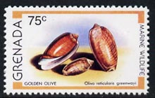 Grenada 1979 Golden Olive Shell 75c (instead of 60c)  'Maryland' perf 'unused' forgery, as SG 1011 - the word Forgery is either handstamped or printed on the back and comes on a presentation card with descriptive notes, stamps on maryland, stamps on forgery, stamps on forgeries, stamps on  kg6 , stamps on ships