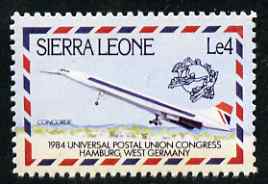 Sierra Leone 1984 Universal Postal Union Congress 4L Concorde  'Maryland' perf 'unused' forgery, as SG 797 - the word Forgery is either handstamped or printed on the back and comes on a presentation card with descriptive notes, stamps on maryland, stamps on forgery, stamps on forgeries, stamps on  upu , stamps on concorde, stamps on aviation
