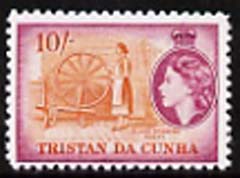 Tristan da Cunha 1954 Spinning Wheel 10s  'Maryland' perf 'unused' forgery, as SG 27 - the word Forgery is either handstamped or printed on the back and comes on a presentation card with descriptive notes, stamps on maryland, stamps on forgery, stamps on forgeries, stamps on weaving, stamps on textiles