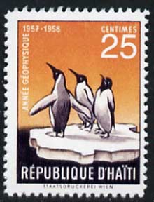 Haiti 1958 Penguin 25c (instead of 20c)  'Maryland' perf 'unused' forgery, as SG 580 - the word Forgery is either handstamped or printed on the back and comes on a presentation card with descriptive notes, stamps on forgery, stamps on forgeries, stamps on birds, stamps on penguins, stamps on polar, stamps on maryland