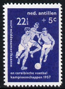 Netherlands Antilles 1957 Football 22.5c + 5c (instead of +7.5c)  'Maryland' perf 'unused' forgery, as SG 365 - the word Forgery is either handstamped or printed on the back and comes on a presentation card with descriptive notes, stamps on forgery, stamps on forgeries, stamps on football, stamps on maryland, stamps on sport